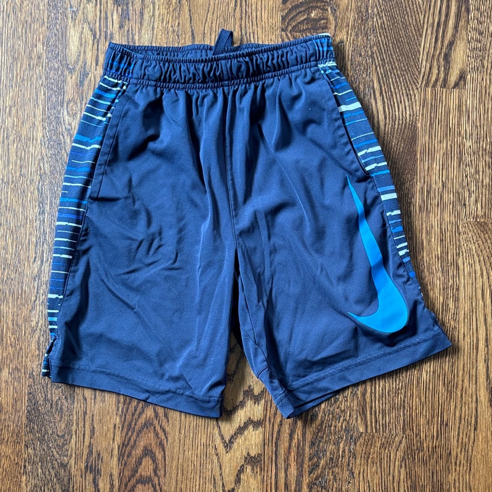 Nike Boys Navy Blue Athletic Shorts with Light Blue Swoosh